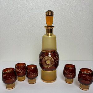 OLD Genuine Bohemia Amber Cut Glass 24K Gold Vodka Set of 6